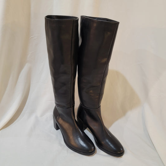 Authentic Leather Above Calf Short Heel Boots